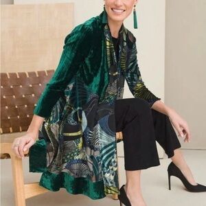 Chico’s Travelers Collection Velvet Burnout Kimono emerald green peacock fairy